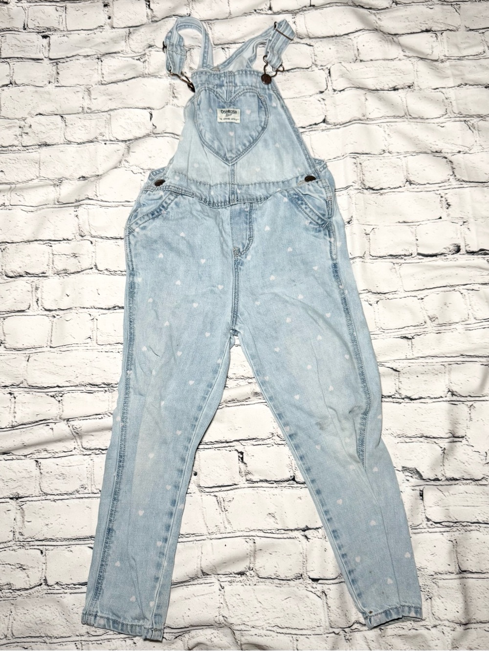 OshKosh B'gosh Denim Heart Print Overalls. Size 5T
